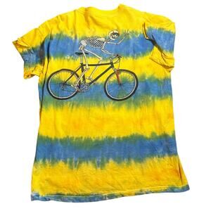 Vtg 90s Primal Wear Grateful Tread Tee Mens XL Skeleton Cycling Yellow Tie Dye
